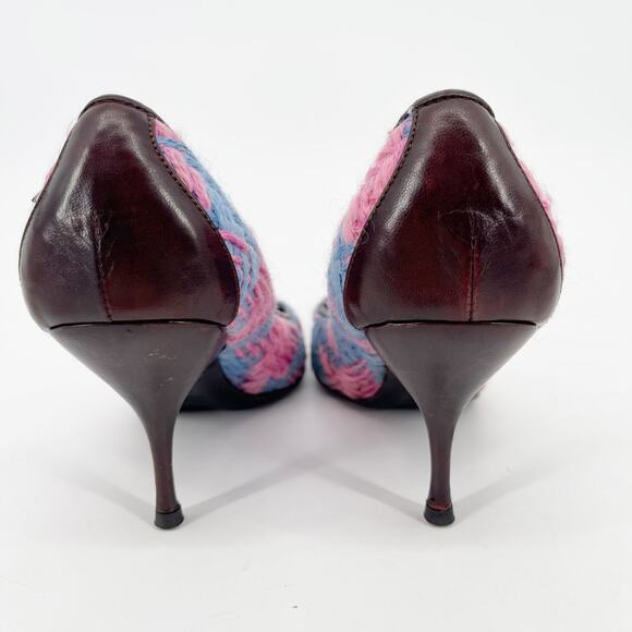 Vintage Miu Miu Pink Blue Woven Brown Leather Bow Detail Pointed Toe Heels IT 38 - Picture 9 of 11